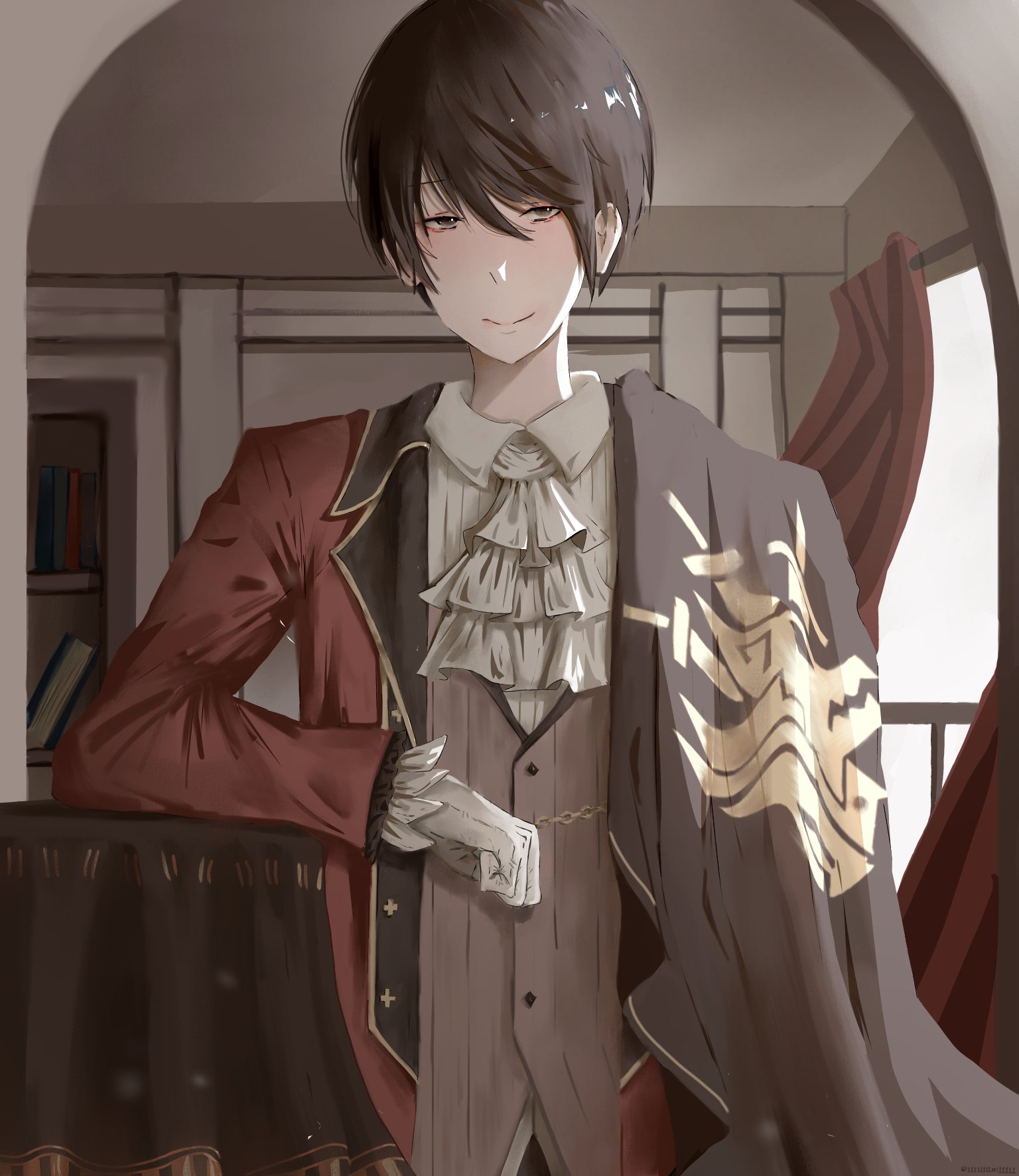 vincent vollachia, re:zero kara hajimeru isekai seikatsu, highres, 1boy, black eyes, black hair, bookshelf, closed mouth, collared shirt, curtains, gloves, jacket, karnina, leaning on object, looking at viewer, male focus, red shirt, shirt, short hair, smile, solo, standing