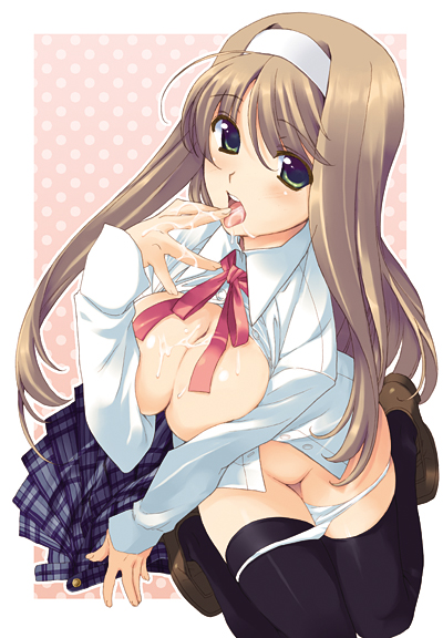takei ooki, original, blush, breasts, breasts out, cleavage, cum, hairband, large breasts, licking, licking finger, long hair, open clothes, open mouth, open shirt, panties, panty pull, school uniform, shirt, solo, thighhighs, tongue, underwear