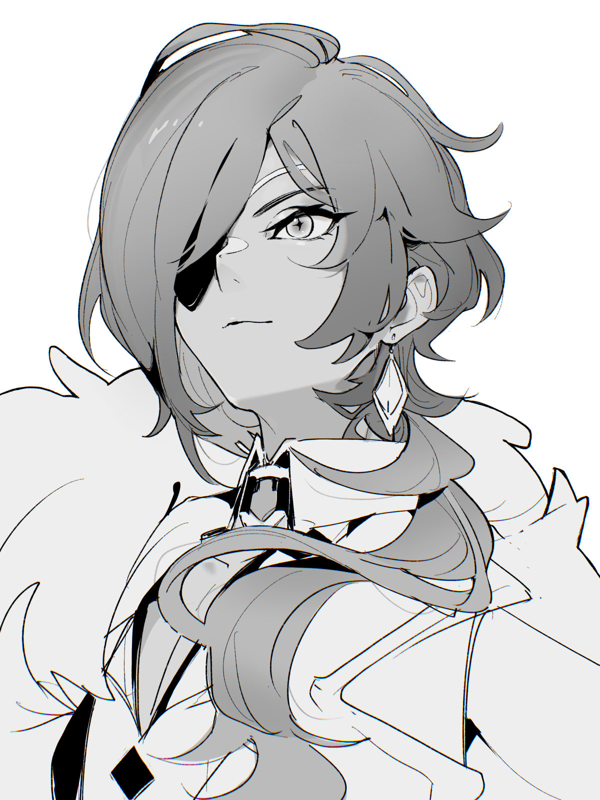 inoooooue, kaeya (genshin impact), genshin impact, commentary request, highres, 1boy, closed mouth, collarbone, collared shirt, diamond-shaped pupils, diamond (shape), eyelashes, eyepatch, hair behind ear, lapels, long hair, male focus, notched lapels, one eye covered, parted bangs, portrait, shirt, solo, symbol-shaped pupils