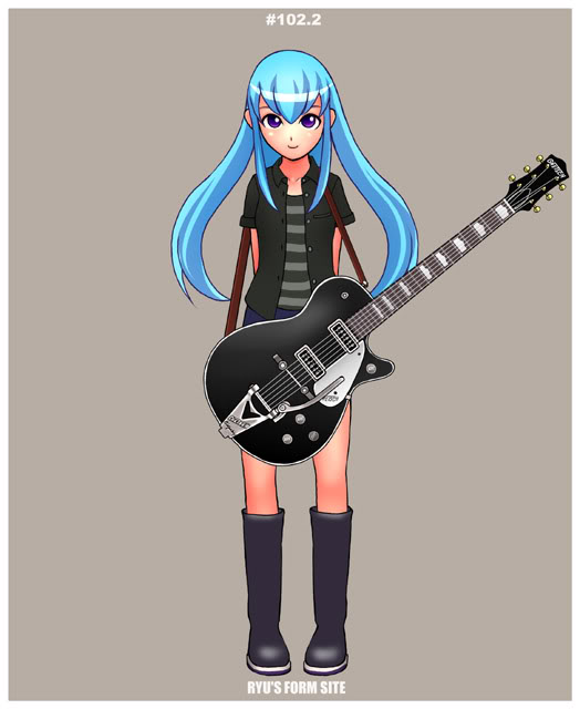 ryu (ryu's form site), 1girl, blue hair, boots, female focus, full body, gretsch, grey background, guitar, instrument, long hair, simple background, solo