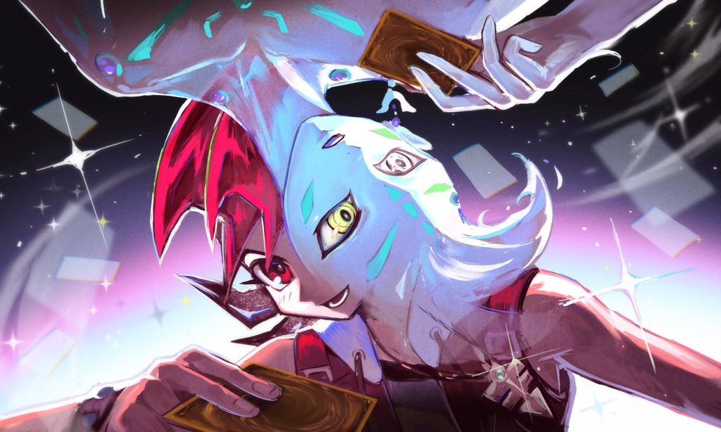 akiko 141, astral (yu-gi-oh!), tsukumo yuma, yu-gi-oh!, yu-gi-oh! zexal, 2boys, bare shoulders, black hair, blue hair, blue skin, bracelet, card, colored bangs, colored skin, earrings, facial mark, jewelry, lower teeth only, multicolored hair, multiple boys, necklace, open mouth, red eyes, red vest, single earring, teeth, two-tone hair, upper body, vest, yellow eyes