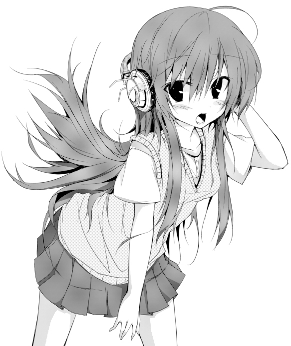 huei nazuki, kazeei naduki, original, greyscale, headphones, long hair, monochrome, school uniform, skirt, solo, vest