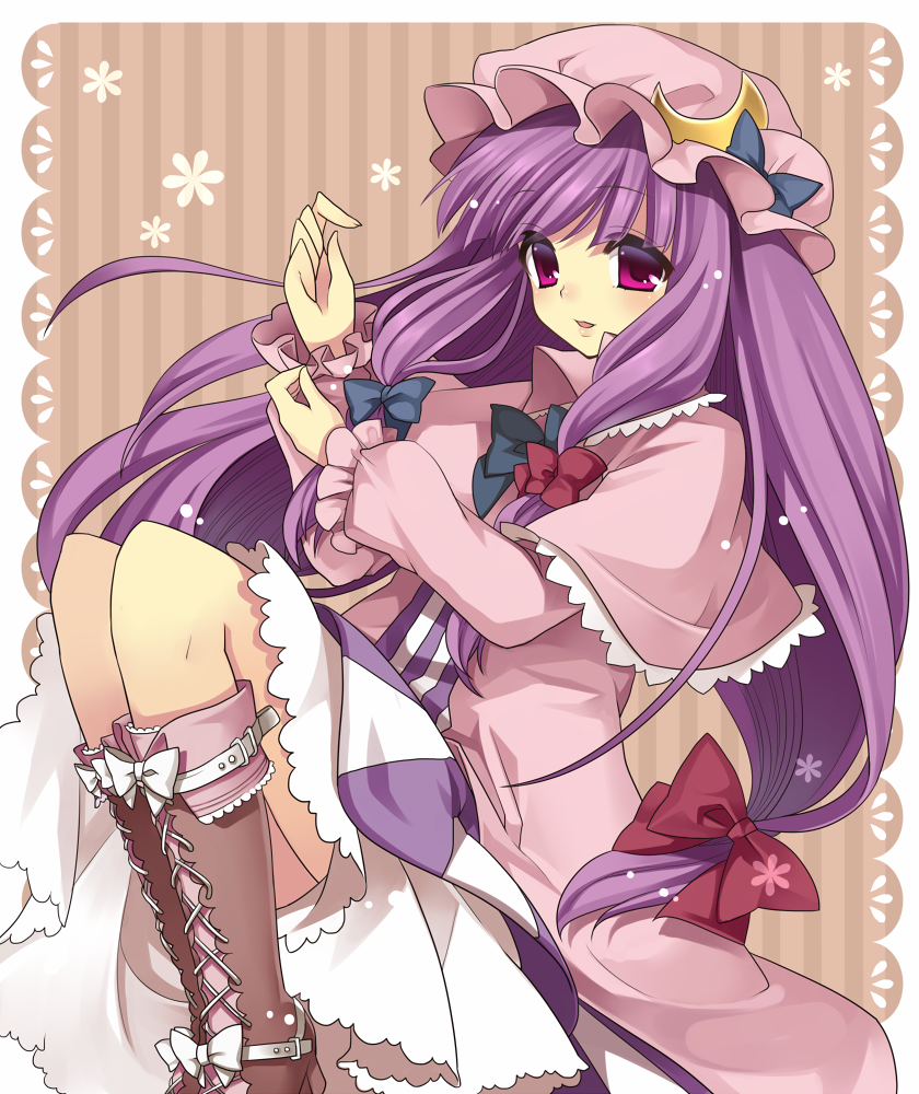 masaru.jp, patchouli knowledge, touhou, bad id, bad pixiv id, duplicate, 1girl, boots, bow, crescent, female focus, hair bow, hat, knee boots, lace-up boots, long hair, multiple hair bows, purple eyes, purple hair, solo, very long hair