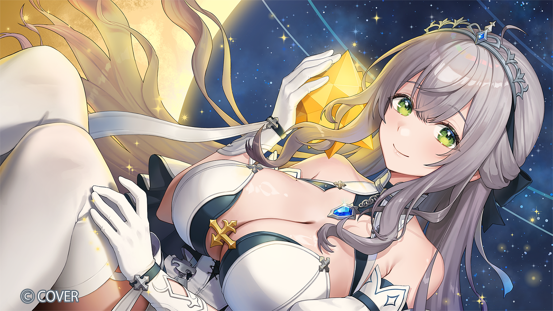 noixen, shirogane noel, hololive, commentary request, highres, official art, 1girl, ahoge, bow, breasts, cleavage, cleavage cutout, closed mouth, clothing cutout, copyright name, crescent, detached sleeves, double-parted bangs, dress, dutch angle, frilled dress, frills, gloves, green eyes, grey hair, hair between eyes, hair bow, half updo, halter dress, halterneck, hand up, large breasts, long hair, looking at viewer, mole, mole on breast, moon, official alternate costume, official alternate hair length, official alternate hairstyle, shirogane noel (princess knight), sidelocks, sitting, smile, solo, star (sky), strapless, strapless dress, thighhighs, tiara, virtual youtuber, white dress, white gloves, white thighhighs, wide sleeves