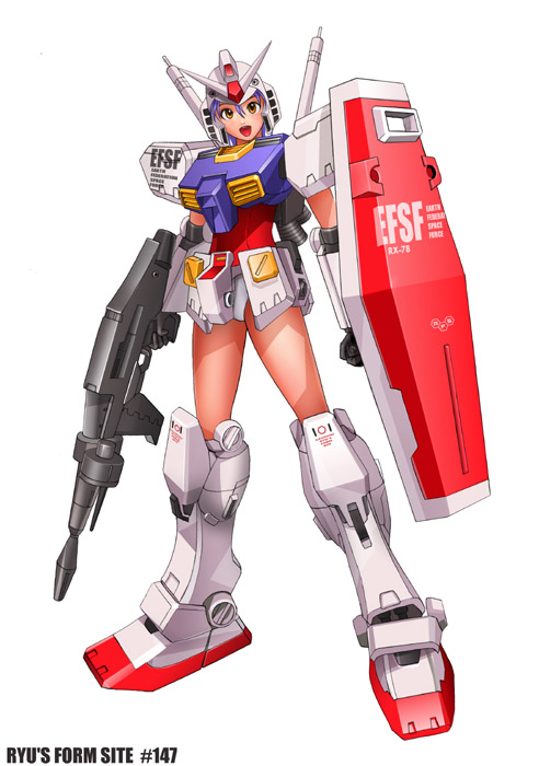 ryu (ryu's form site), rx-78-2 gundam, gundam, mobile suit gundam, 1girl, armor, beam rifle, boots, energy gun, female focus, full body, gun, mecha musume, shield, simple background, solo, weapon