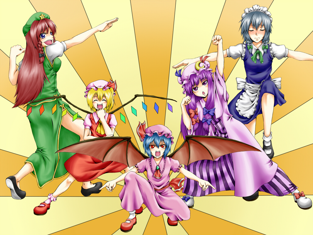 seven star, flandre scarlet, hong meiling, izayoi sakuya, patchouli knowledge, remilia scarlet, dragon ball, dragonball z, embodiment of scarlet devil, tokusatsu, touhou, silver hair, 5girls, bat wings, blonde hair, blue eyes, blue hair, blush, braid, china dress, chinese clothes, dress, female focus, ginyu force pose, hat, long hair, multiple girls, parody, purple eyes, purple hair, red eyes, red hair, short hair, twin braids, wings