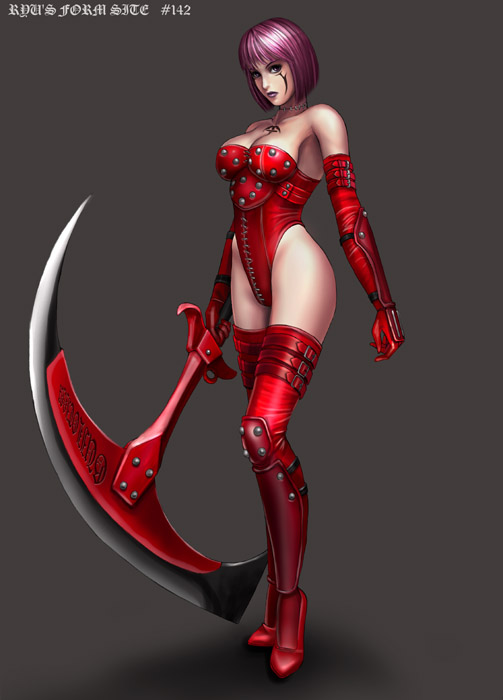 ryu (ryu's form site), 1girl, arm guards, armor, axe, bondage outfit, boots, breastplate, elbow gloves, female focus, gloves, guillotina, high heels, holding, holding weapon, knee pads, leather, leotard, long hair, looking at viewer, pickaxe, pink hair, red armor, red boots, red gloves, red leotard, red thighhighs, scythe, shin guards, shoes, solo, tattoo, thighhighs, weapon