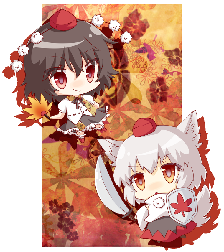 kai aki, inubashiri momiji, shameimaru aya, touhou, bad id, bad pixiv id, 2girls, chibi, female focus, geta, hand fan, hat, leaf, maple leaf, multiple girls, shield, sword, tengu-geta, tokin hat, weapon
