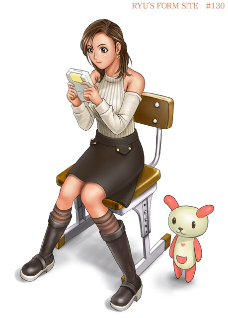 ryu (ryu's form site), 1girl, bare shoulders, boots, brown eyes, brown hair, chair, detached sleeves, earrings, female focus, game boy, game boy (original), halterneck, handheld game console, jewelry, sitting, skirt, solo