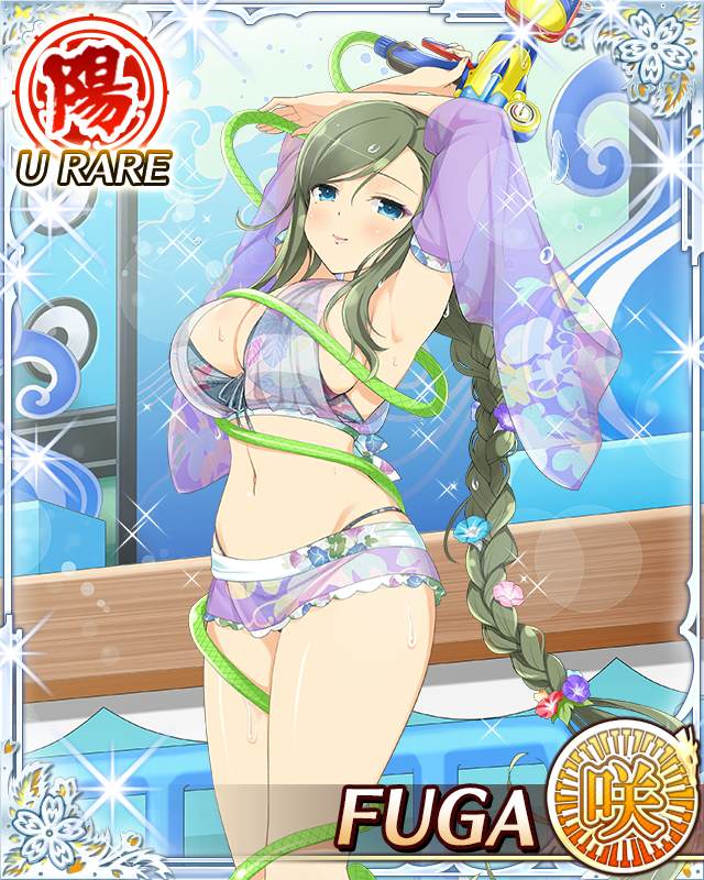 fuga (senran kagura), senran kagura, senran kagura new wave, senran kagura peach beach splash, game cg, official art, 1girl, armpits, arms up, bikini, blue eyes, border, braid, braided ponytail, breasts, card (medium), character name, cleavage, closed mouth, detached sleeves, english text, green hair, holding, holding hose, hose, large breasts, long hair, mole, mole under eye, navel, official alternate costume, official alternate hairstyle, purple bikini, skindentation, smile, solo, swept bangs, swimsuit, water gun, wet