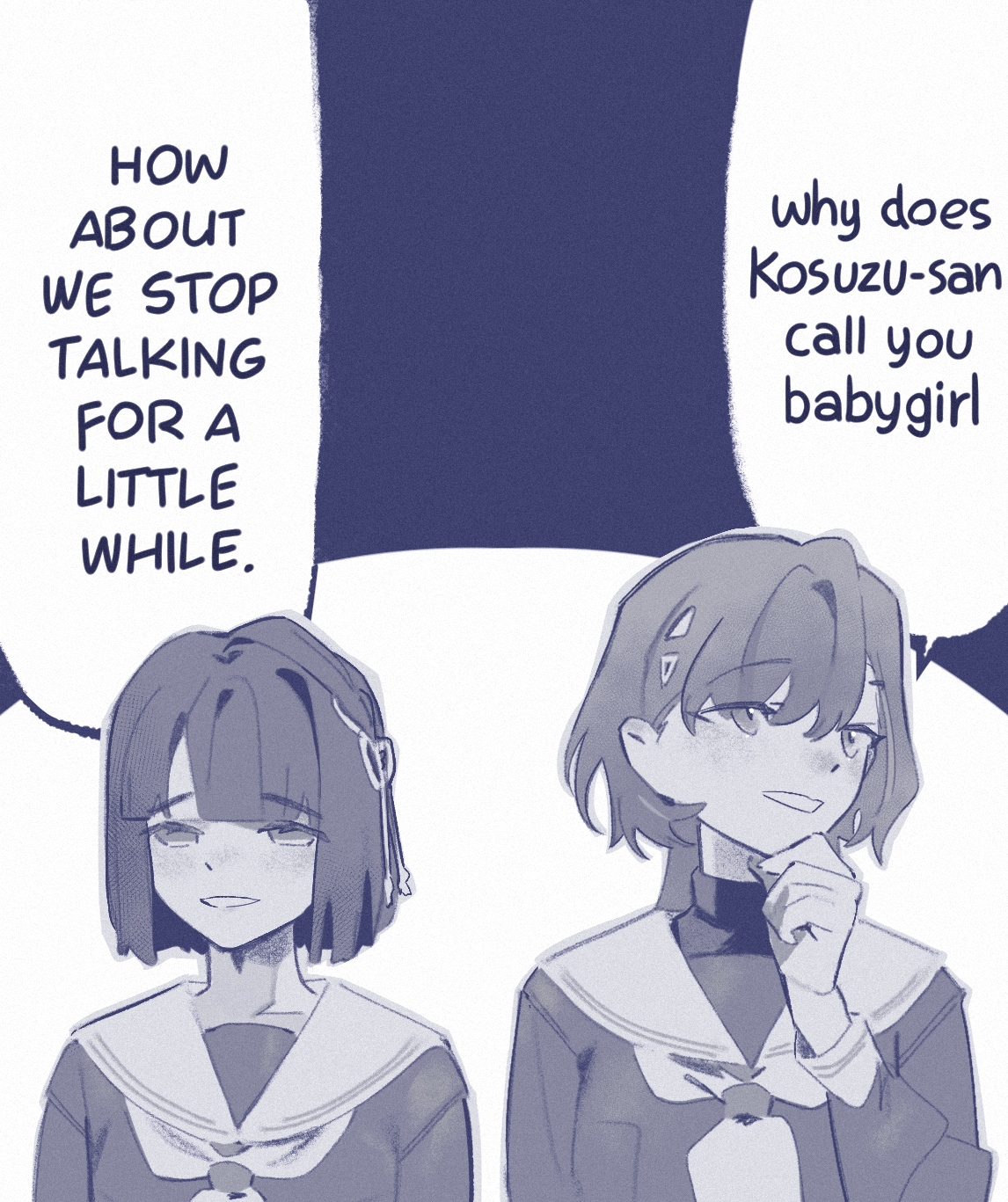 pipi (m1x mix), katsuragi izumi, momose ginko, link! like! love live!, love live!, commentary, highres, symbol-only commentary, 2girls, :d, blunt bangs, bob cut, english text, flower knot, greyscale, hair ornament, hand on own chin, hasu no sora school uniform, implied yuri, jellyfish cut, long hair, meme, monochrome, multiple girls, neckerchief, open mouth, sailor collar, school uniform, short hair, smile, speech bubble, turtleneck, virtual youtuber, why does x call you babygirl? (meme), winter uniform