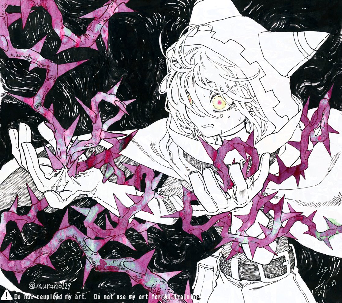 magolor, marx (kirby), kirby (series), kirby air ride, kirby air riders, nintendo, check commentary, commentary request, animal ear hood, belt, black background, cape, fake animal ears, gloves, hand injury, hood, humanization, impaled, messy hair, murano129, partially colored, scared, thorns