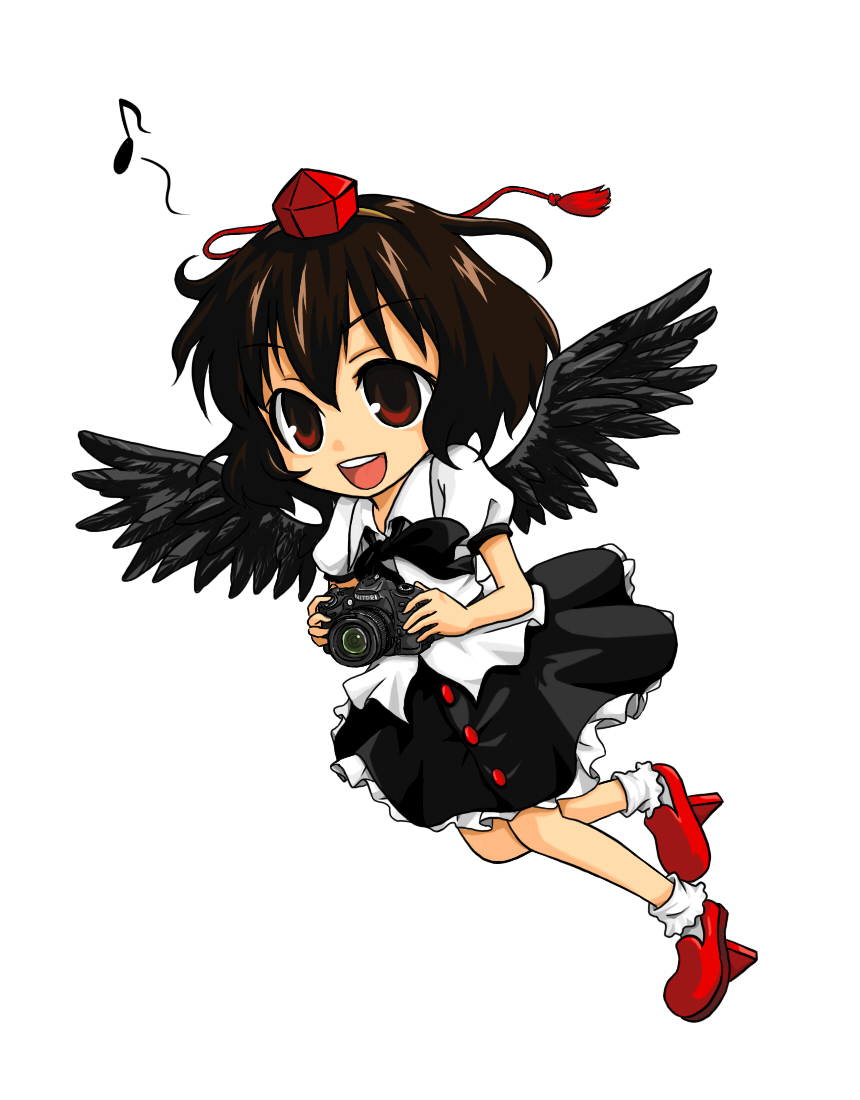 ozawa, shameimaru aya, touhou, 1girl, black wings, brown hair, camera, female focus, full body, geta, hat, looking at viewer, musical note, open mouth, red eyes, short hair, smile, solo, tengu-geta, tokin hat, wings