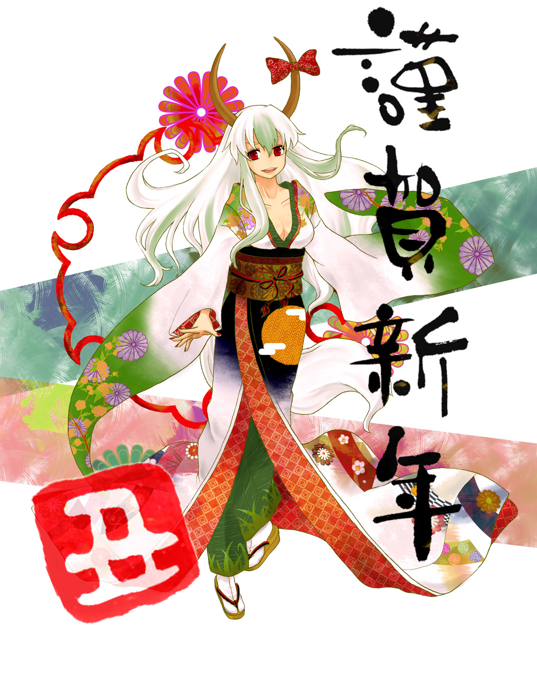ozawa, ex-keine, kamishirasawa keine, touhou, highres, translation request, 1girl, breasts, cleavage, clog sandals, female focus, green hair, horn ornament, horn ribbon, horns, japanese clothes, kimono, long hair, multicolored hair, nail polish, open mouth, red eyes, red nails, ribbon, sandals, shippou (pattern), smile, solo, tabi, tail, two-tone hair, white hair, zouri