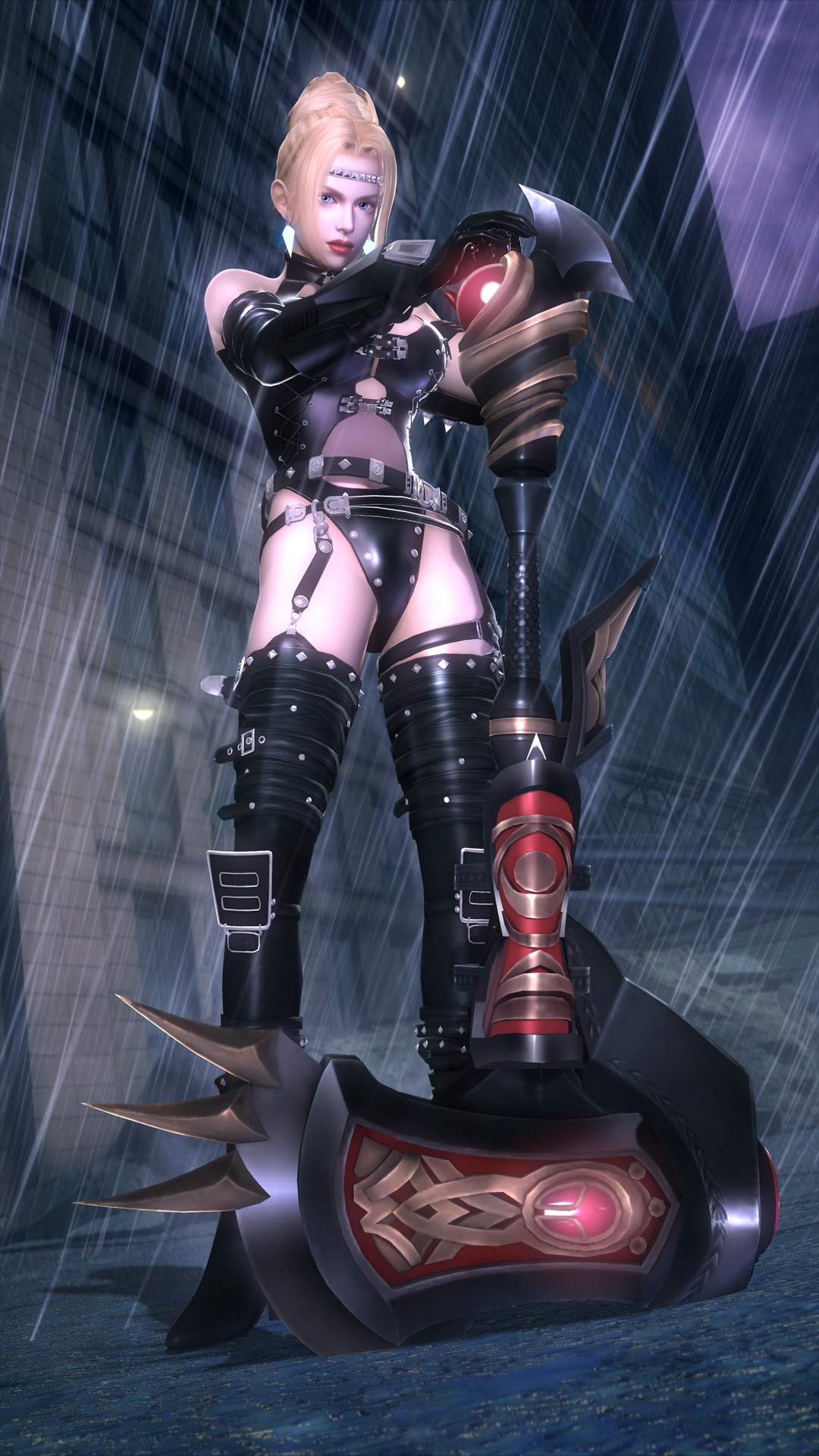 rachel (ninja gaiden), ninja gaiden, tecmo, highres, official art, official wallpaper, 1girl, armor, axe, belt, blonde hair, blue eyes, boots, breasts, buckle straps, building, cleavage cutout, clothing cutout, earrings, elbow gloves, garter belt, gloves, hammer, high heels, jewelry, lamppost, latex, leather, leather armor, leotard, lips, lipstick, makeup, one-piece swimsuit, pauldrons, rain, shadow, shoes, shoulder armor, standing, strap, studded leather, swimsuit, thigh boots, thighhighs, tiara, vinyl, war hammer, weapon, window