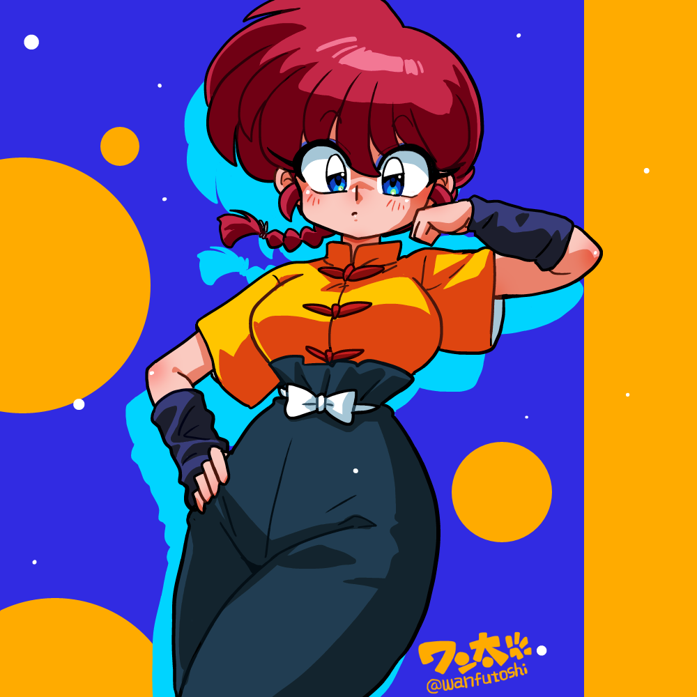 ranma-chan, saotome ranma, ranma 1/2, 1girl, blue eyes, braid, genderswap, genderswap (mtf), hand on own hip, red hair, short sleeves, single braid, solo, wristband