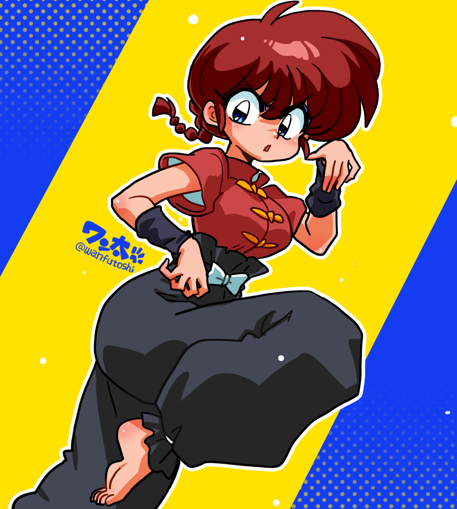 ranma-chan, saotome ranma, ranma 1/2, 1girl, barefoot, blue eyes, braid, chinese clothes, fighting stance, genderswap, genderswap (mtf), red hair, short sleeves, single braid, solo, tangzhuang, wristband