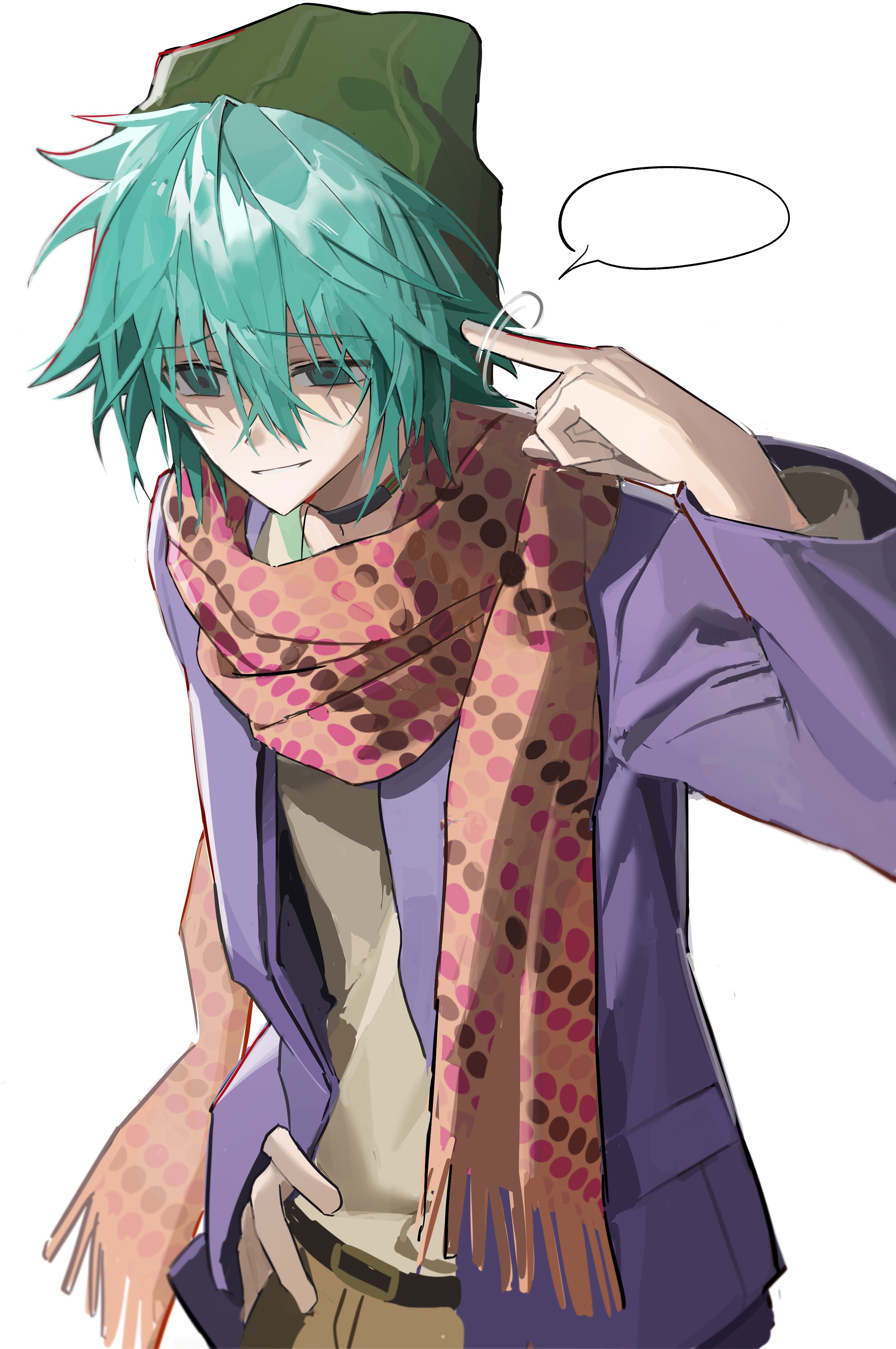 hiyori sou, kimi ga shine, absurdres, highres, 1boy, aqua eyes, aqua hair, beanie, belt, belt buckle, black belt, blank speech bubble, brown pants, buckle, choker, cowlick, cuckoo gesture, empty eyes, finger twirl, from above, furrowed brow, green hat, grin, hair between eyes, hand on own hip, hat, jacket, long sleeves, male focus, messy hair, motion lines, open clothes, open jacket, pants, polka dot, polka dot scarf, purple jacket, raised inner eyebrows, red scarf, scarf, shaded face, shirt, short hair, sidelocks, smile, sodium (sdd1234364), solo, speech bubble, upper body, white background, white shirt
