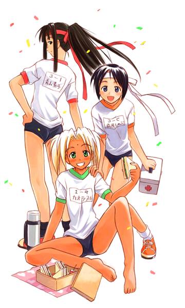 akamatsu ken, aoyama motoko, kaolla su, maehara shinobu, love hina, 3girls, ass, barefoot, bindi, blush stickers, bob cut, buruma, confetti, dark-skinned female, dark skin, first aid, first aid kit, food, gym uniform, hachimaki, headband, legs, looking back, multiple girls, picnic, ponytail, sandwich, short hair, spread legs, thermos