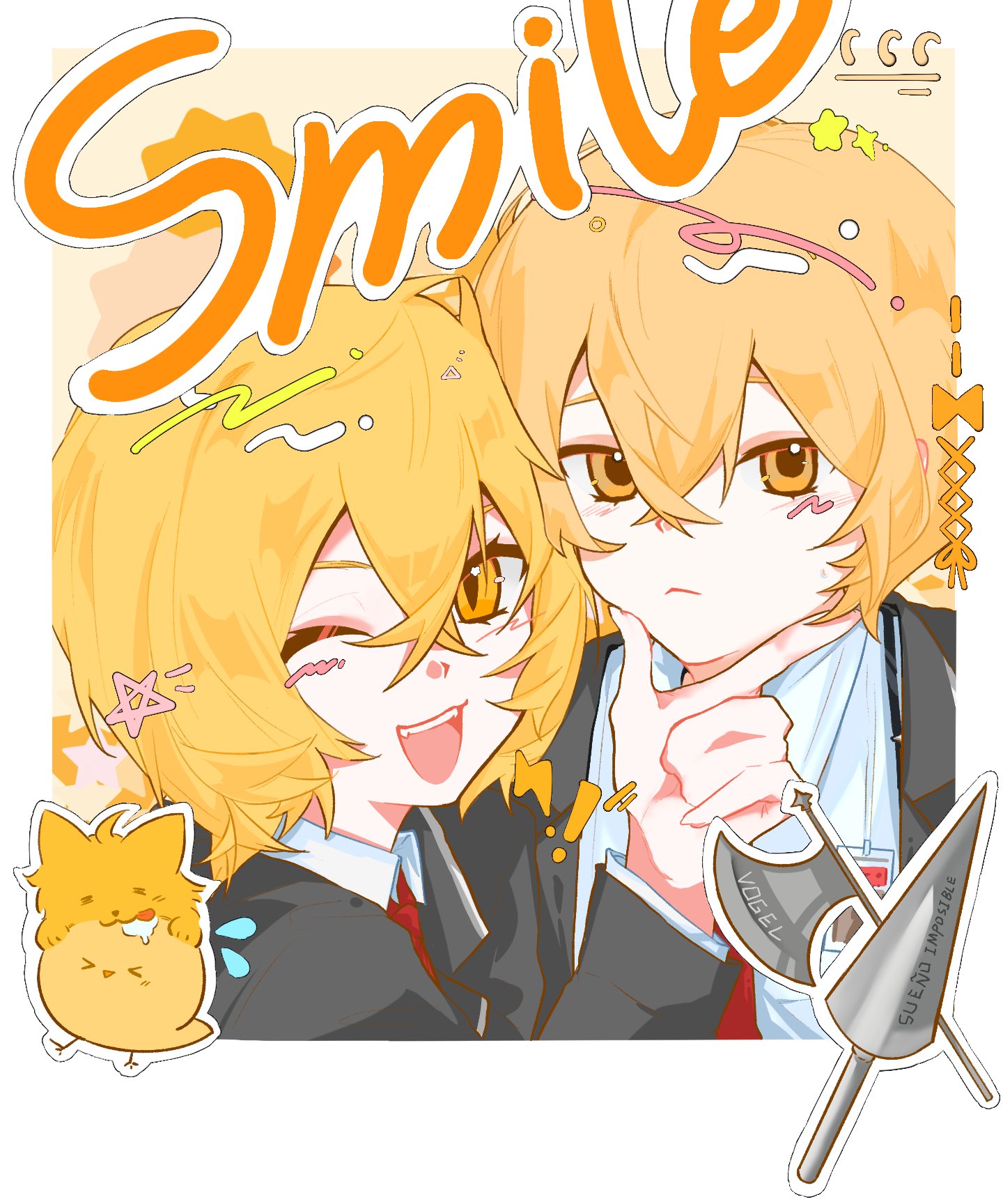 don quixote (project moon), sinclair (project moon), limbus company, project moon, highres, 1boy, 1girl, bird, black suit, blonde hair, cat, chibi, closed mouth, couple, english text, formal clothes, hair between eyes, halberd, hetero, lance, looking at viewer, necktie, one eye closed, open mouth, polearm, red necktie, shirt, short hair, smile, suit, trpg msr, upper body, weapon, white shirt, yellow eyes