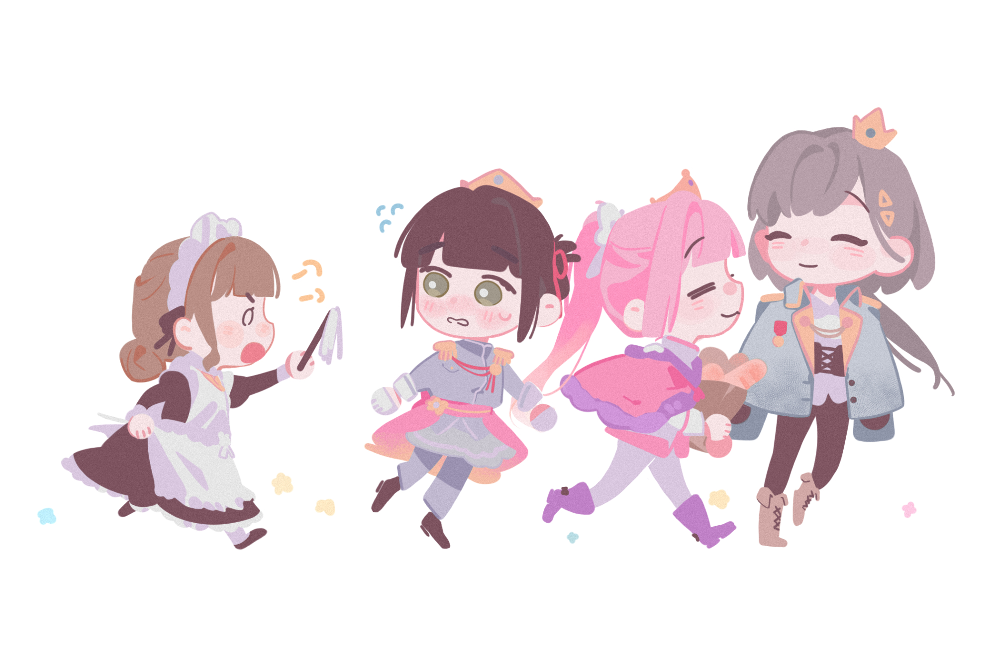 pipi (m1x mix), anyoji hime, kachimachi kosuzu, katsuragi izumi, momose ginko, link! like! love live!, love live!, master and servant, commentary, highres, symbol-only commentary, 0 0, 4girls, :3, = =, ^ ^, aiguillette, apron, bag, baguette, black hair, black pants, black shoes, blunt bangs, blush, boots, bread, brown boots, brown hair, cape, cho toutoi love, closed eyes, crown, deformed, epaulettes, flying sweatdrops, fold-over boots, food, frilled apron, frills, fur-trimmed cape, fur trim, green eyes, green jacket, grey hair, grey jacket, grey pants, hair bun, hair ornament, holding, holding bag, jacket, jacket on shoulders, jellyfish cut, long hair, maid, maid apron, maid headdress, mini crown, multiple girls, nose blush, open mouth, pants, paper bag, peanut mouth, pink cape, pink hair, ponytail, prince, puff of air, purple boots, shoes, short hair, sidelocks, simple background, single hair bun, triangle hair ornament, virtual youtuber, white apron, white background