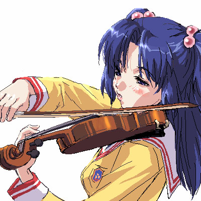 zen, ichinose kotomi, clannad, lowres, 00s, 1girl, female focus, hair bobbles, hair ornament, instrument, school uniform, serafuku, solo, two side up, violin