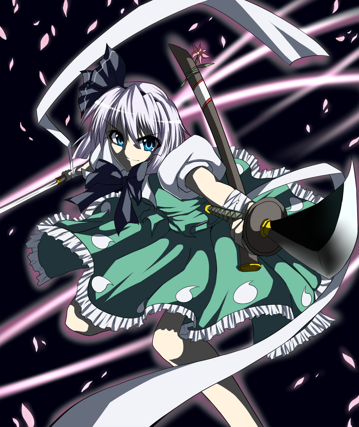 kougatsu, kouzuki (shangorilla), konpaku youmu, touhou, silver hair, highres, 1girl, bandages, blue eyes, female focus, hairband, katana, petals, short hair, solo, sword, weapon