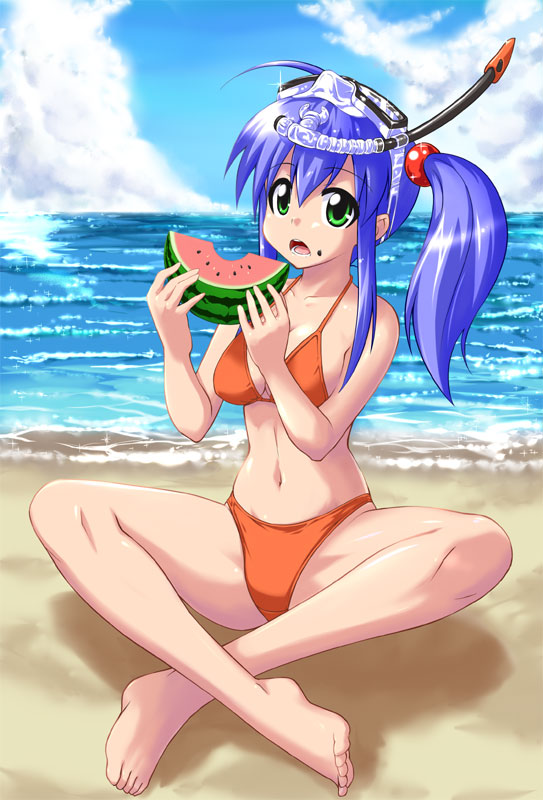 mikagami sou, original, 1girl, barefoot, beach, bikini, blue hair, cloud, crossed legs, day, diving mask, feet, female focus, food, food on face, fruit, goggles, green eyes, holding, holding food, holding fruit, holding watermelon, indian style, long hair, orange bikini, outdoors, side ponytail, sitting, snorkel, solo, swimsuit, watermelon