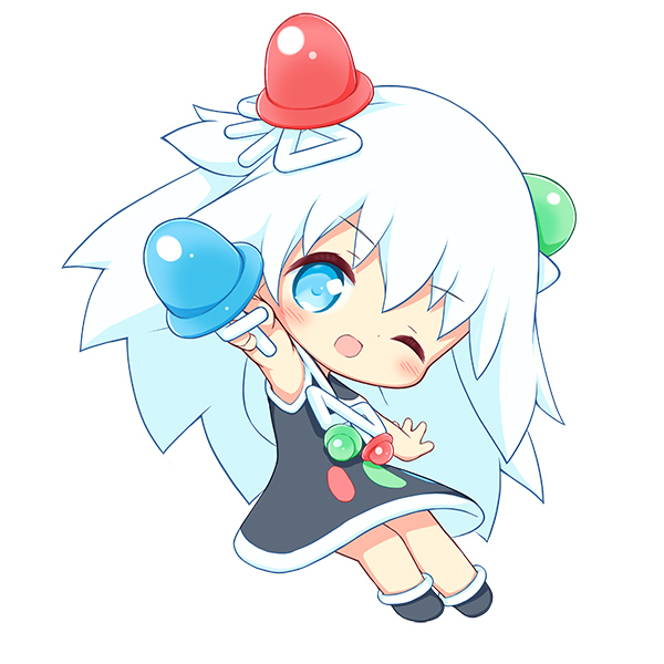 aikei ake, original, commentary request, 1girl, ;d, armpits, black dress, black shoes, blue eyes, blush, chibi, dress, full body, hair between eyes, holding, led, long hair, looking at viewer, one eye closed, open mouth, outstretched arms, personification, shoes, simple background, sleeveless, sleeveless dress, smile, solo, very long hair, white background, white hair