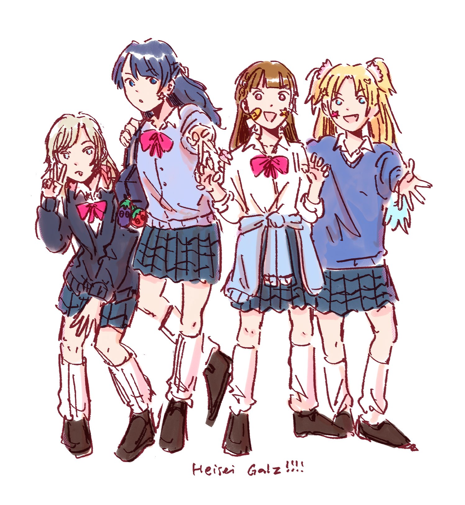 mizoe, ceras yanagida lilienfeld, kachimachi kosuzu, murano sayaka, osawa rurino, link! like! love live!, love live!, commentary request, highres, 4girls, :d, alternate costume, bandaid, bandaid on cheek, bandaid on face, black sweater, blonde hair, blue cardigan, blue eyes, blue hair, blue skirt, blue sweater, bow, bowtie, braid, brown hair, brown shoes, cardigan, cardigan around waist, center-flap bangs, claw pose, clothes around waist, collarbone, fang, flower, full body, grey hair, gyaru, gyaru v, hair flower, hair ornament, hair ribbon, half updo, heisei gals!!!! (love live!), kogal, long hair, looking at viewer, miniskirt, multiple girls, open hand, open mouth, parted bangs, parted lips, pink bow, pink bowtie, pink eyes, pink flower, pink ribbon, pleated skirt, ribbon, ruri&to (love live!), shirt, shoes, side braids, simple background, skirt, smile, socks, star (symbol), sweater, twintails, v, virtual youtuber, white background, white shirt, white socks