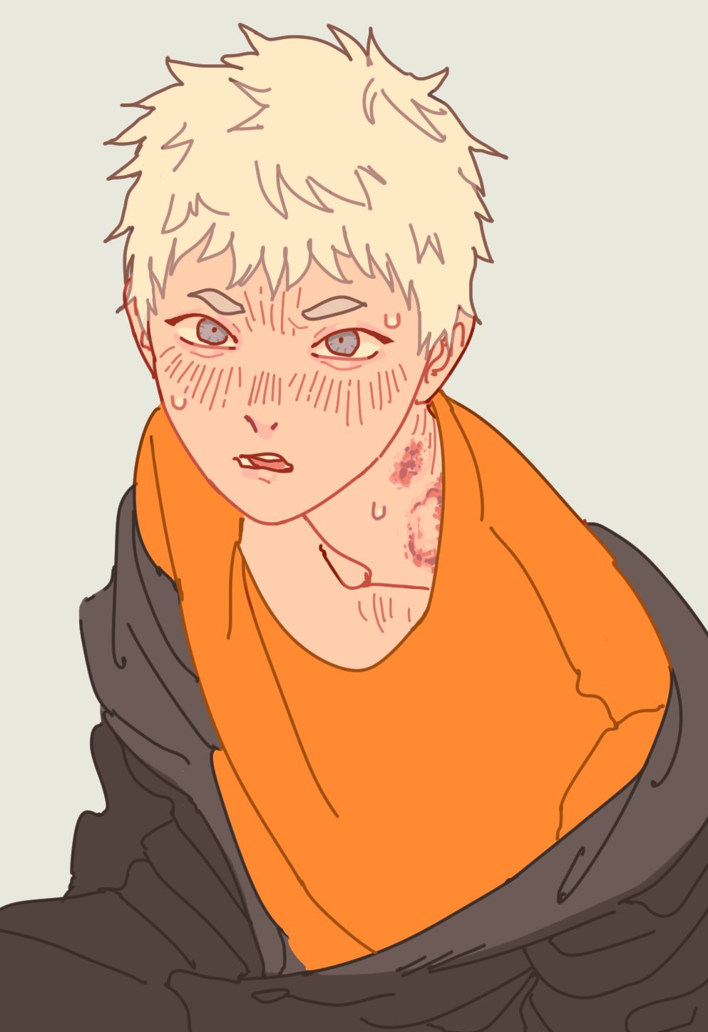 indou hikaru, hikaru ga shinda natsu, commentary, english commentary, highres, 1boy, bilateralym, bite mark, bite mark on neck, black jacket, blue eyes, blush, crew neck, grey background, jacket, male focus, open mouth, orange shirt, shirt, short hair, simple background, solo, sweat, white hair