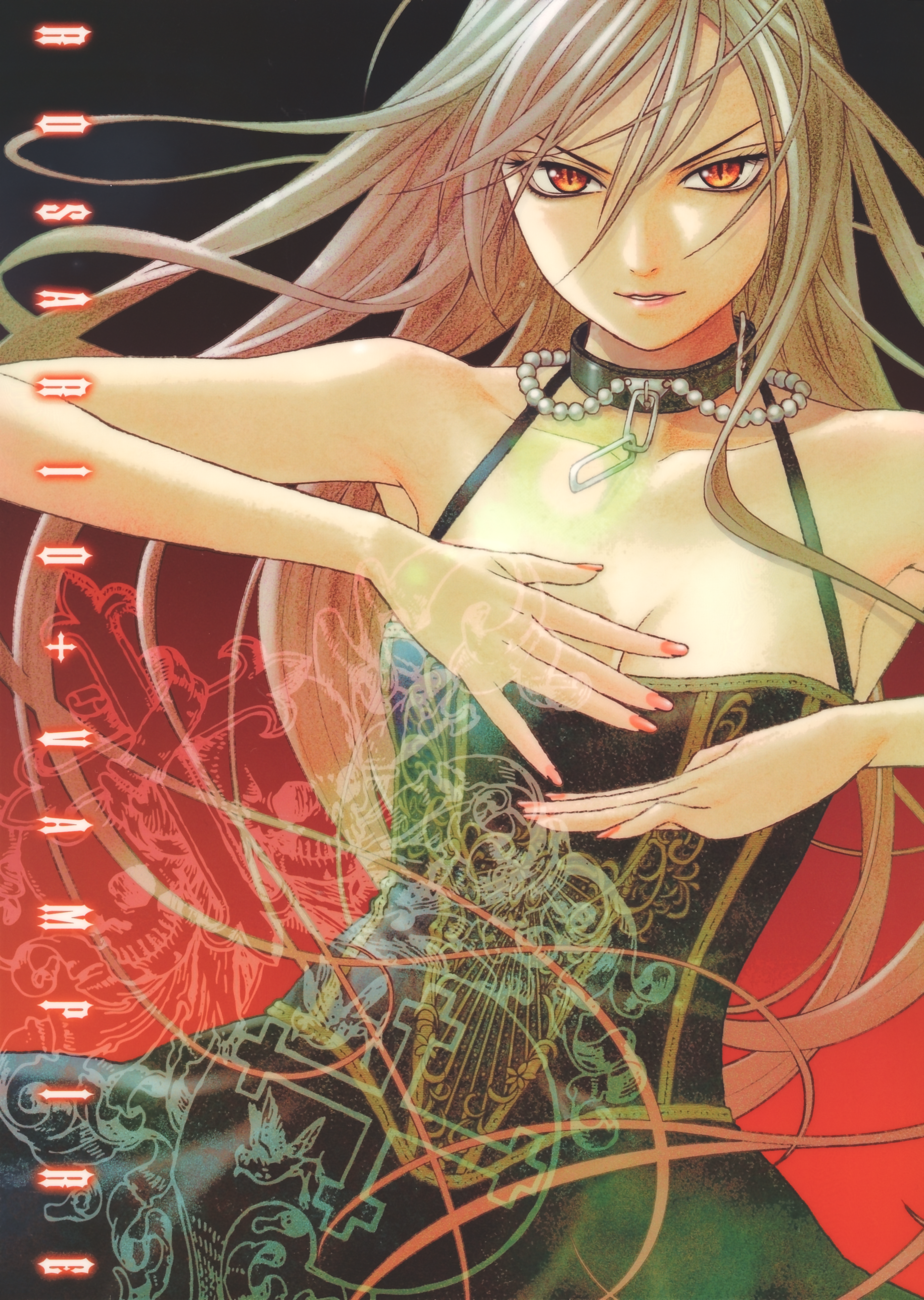 ikeda akihisa, akashiya moka, inner moka, rosario+vampire, silver hair, absurdres, highres, huge filesize, 00s, 1girl, breasts, chain, choker, cleavage, collar, dress, glowing, glowing eyes, long hair, medium breasts, orange eyes, slit pupils