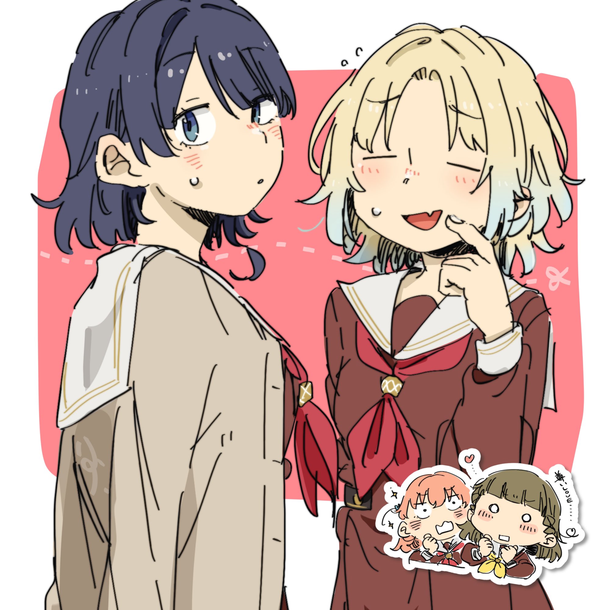 524ryo, hinoshita kaho, kachimachi kosuzu, murano sayaka, osawa rurino, link! like! love live!, love live!, commentary, highres, symbol-only commentary, 4girls, ahoge, alternate hair length, alternate hairstyle, blonde hair, blue eyes, blue hair, blush, border, breasts, brown cardigan, brown dress, brown hair, cardigan, chibi, chibi inset, colored tips, cut-here line, dotted line, dress, fang, gradient hair, hasu no sora school uniform, heart, heart ahoge, long sleeves, medium breasts, medium hair, multicolored hair, multiple girls, neckerchief, o o, open cardigan, open clothes, open mouth, orange hair, outside border, parted bangs, pink background, pleated dress, red neckerchief, sailor collar, sailor dress, school uniform, side ahoge, skin fang, surprised, sweatdrop, virtual youtuber, white border, white sailor collar, winter uniform