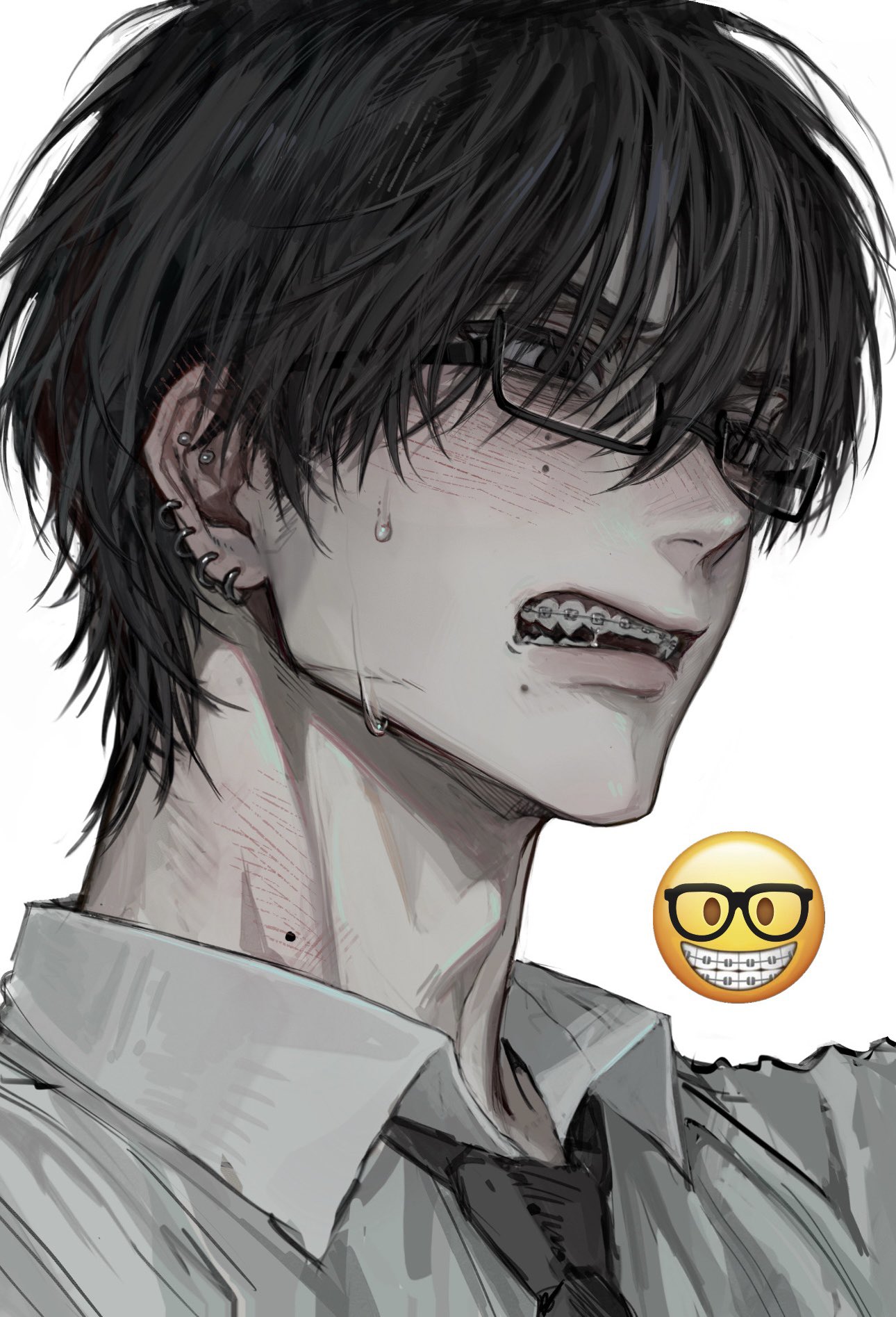 t0myu3, original, commentary, highres, symbol-only commentary, 1boy, black-framed eyewear, black eyes, black hair, black necktie, blush, braces, collared shirt, dress shirt, ear blush, earrings, embarrassed, emoji, empty eyes, furrowed brow, glasses, hair between eyes, hair over one eye, hoop earrings, jewelry, looking ahead, male focus, mole, mole on neck, mole under eye, mole under mouth, multiple earrings, multiple moles, muted color, neck blush, necktie, nerd emoji, open mouth, realistic, realistic teeth, saliva, scar, scar on face, semi-rimless eyewear, shirt, short hair, solo, sweat, teeth, under-rim eyewear, upper body, white background, white shirt, wing collar