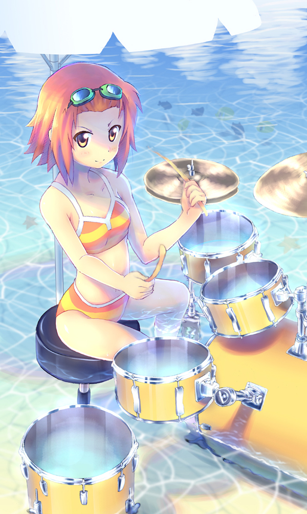 orita enpitsu, tainaka ritsu, k-on!, 00s, 1girl, bangs pinned back, bikini, brown eyes, brown hair, drum, drum set, drumsticks, female focus, goggles, instrument, short hair, solo, sports bikini, stool, submerged, swimsuit, umbrella, water