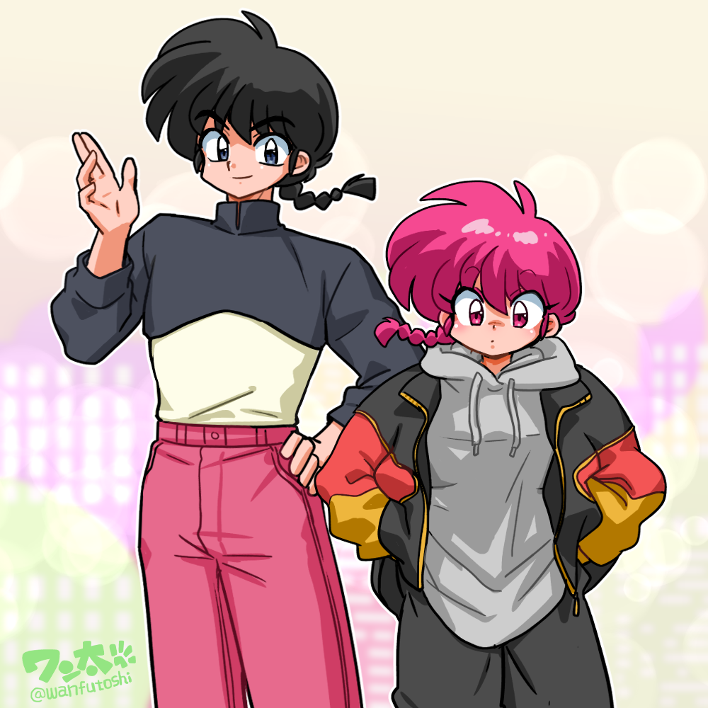 ranma-chan, saotome ranma, ranma 1/2, 1boy, 1girl, braid, dual persona, genderswap, genderswap (mtf), pink eyes, pink hair, single braid
