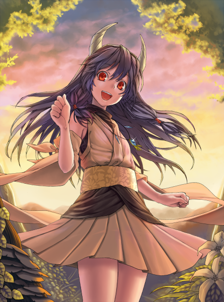 inuzuka bouru, naga (staygarden), ryuujin naga, bad id, bad pixiv id, 1girl, blue hair, female focus, flower, hair ornament, horns, japanese clothes, jewelry, long hair, open mouth, pendant, red eyes, smile, solo, sunset