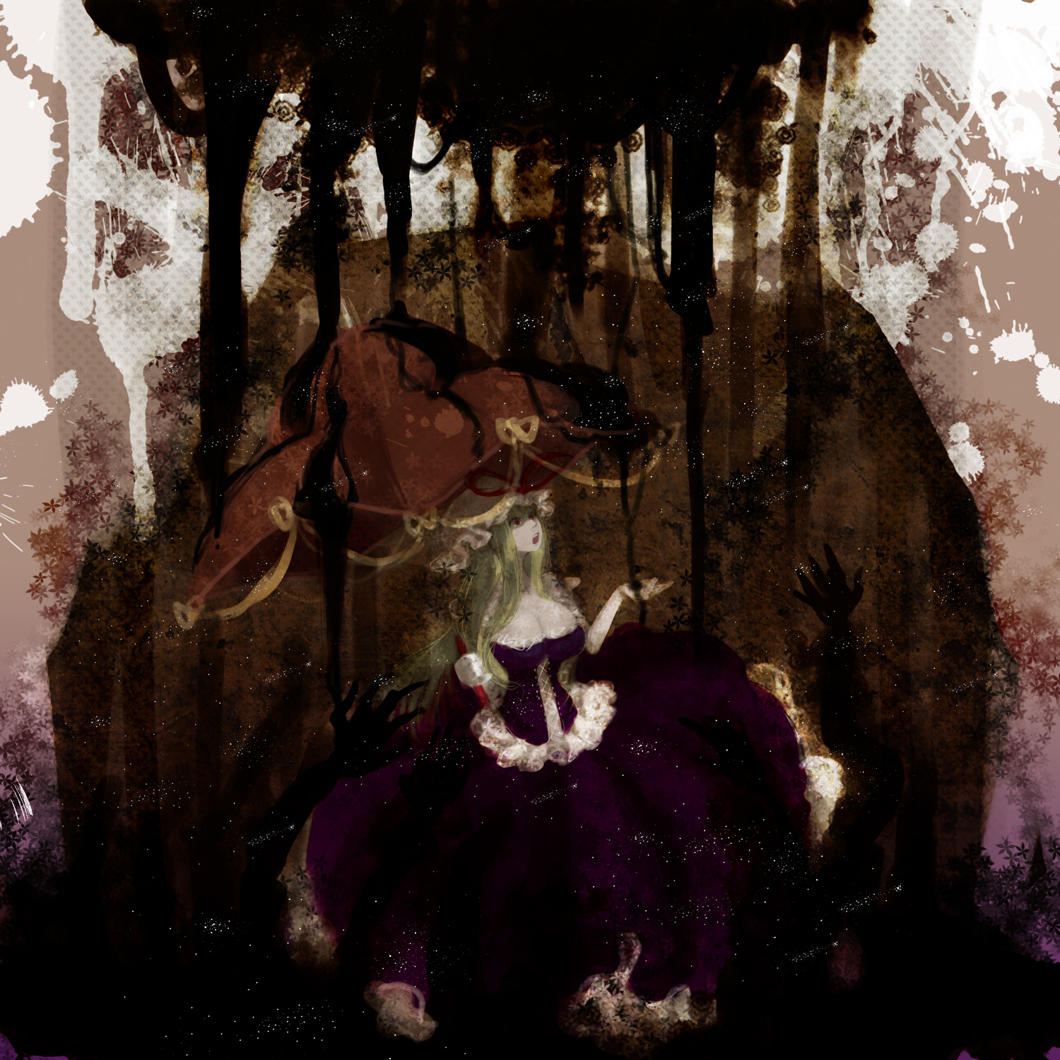 destroyb, yakumo yukari, touhou, bad id, bad pixiv id, highres, 1girl, blonde hair, bow, breasts, cleavage, dark, darkness, female focus, hair bow, hat, large breasts, long hair, parasol, red eyes, ribbon, solo, umbrella