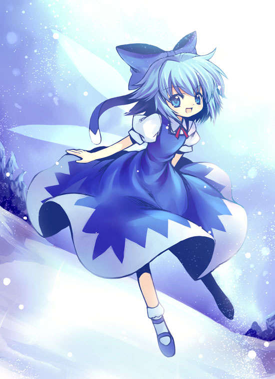 capura lin, cirno, embodiment of scarlet devil, touhou, 1girl, blue eyes, blue hair, bow, female focus, full body, hair bow, matching hair/eyes, outdoors, short hair, sky, solo, wings