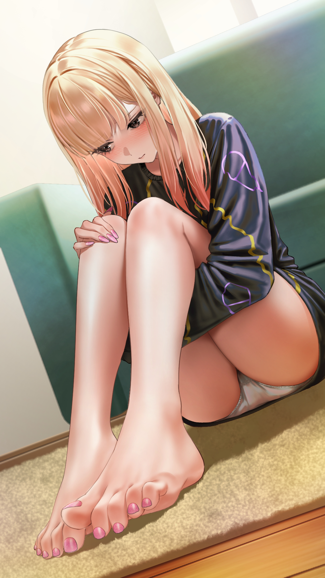 omazenzenn, kitagawa marin, sono bisque doll wa koi wo suru, highres, 1girl, barefoot, black eyes, blonde hair, blush, feet, long hair, panties, pantyshot, toes, underwear