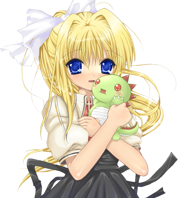 kuromoto, kamio misuzu, air (visual novel), bad id, bad pixiv id, 00s, blonde hair, blue eyes, dinosaur, hair ribbon, hug, long hair, ponytail, ribbon, school uniform, solo, stuffed animal, stuffed toy, toy
