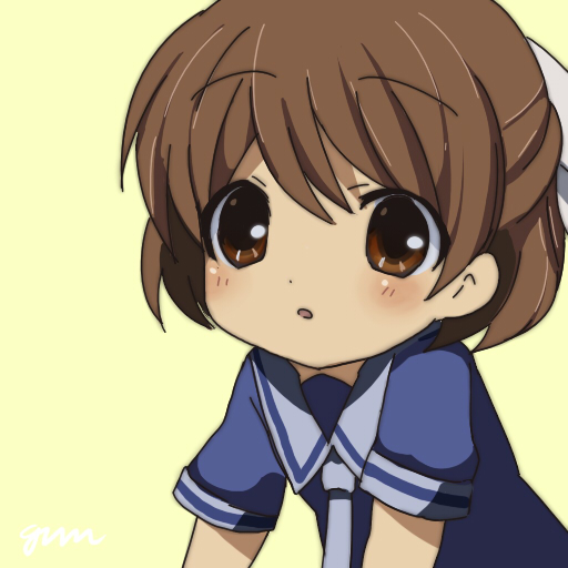 gum (vivid garden), okazaki ushio, clannad, bad id, bad pixiv id, 00s, 1girl, blush, brown eyes, brown hair, child, dress, female focus, sailor dress, school uniform, short hair, simple background, solo