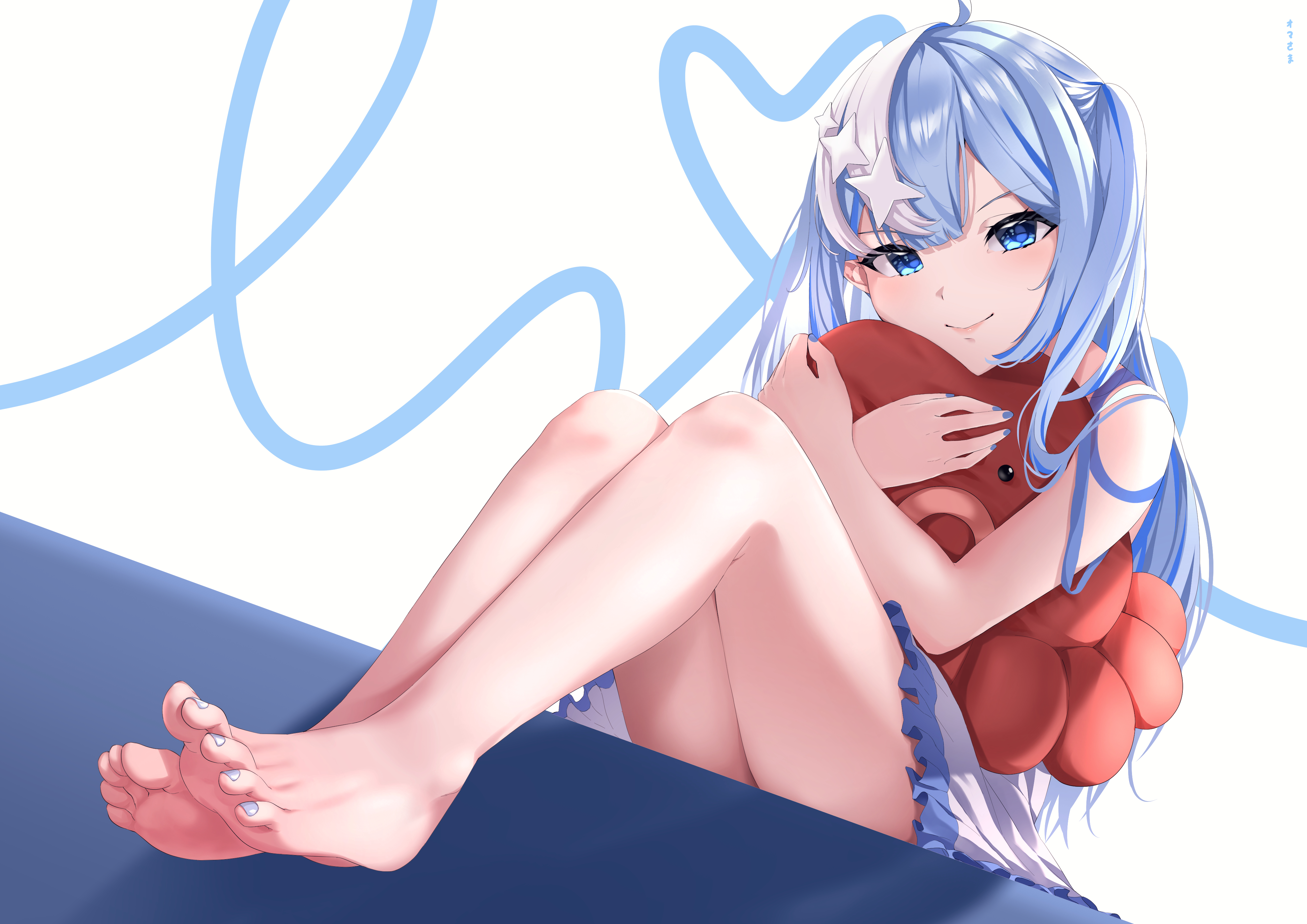 omazenzenn, absurdres, highres, 1girl, barefoot, blue eyes, blue hair, feet, long hair, looking at viewer, smile, soles, toes, twintails