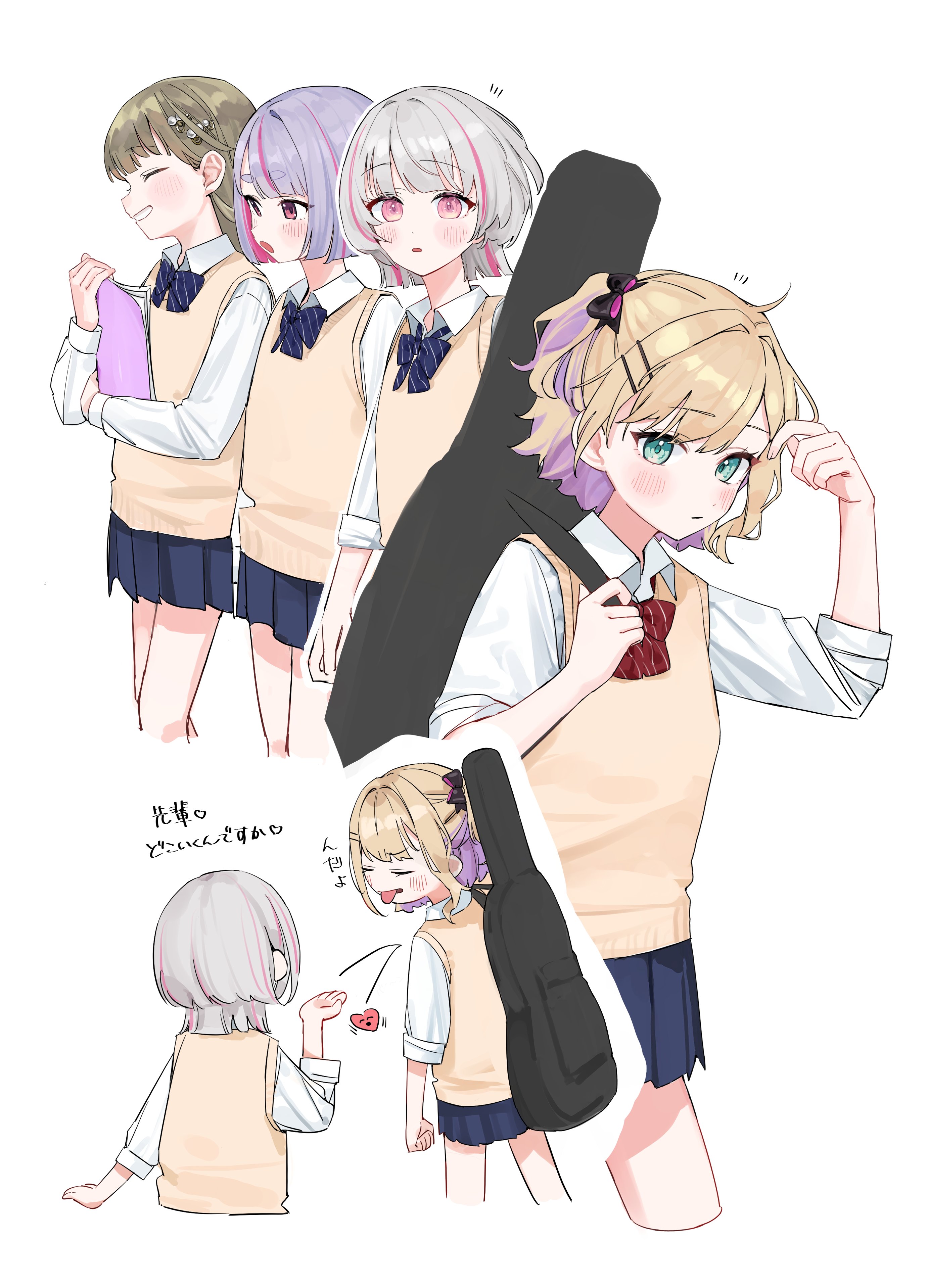 hanada ten, asumi sena, hanabusa lisa, kurumi noah, tosaki mimi, vspo!, absurdres, highres, 4girls, adjusting hair, black bow, blonde hair, blowing kiss, blush, book, bow, bowtie, closed eyes, collared shirt, colored inner hair, green eyes, green hair, grey hair, grin, guitar case, hair bow, hair ornament, holding, holding book, instrument case, long sleeves, miniskirt, multicolored hair, multiple girls, notice lines, pink eyes, pink hair, pleated skirt, purple eyes, purple hair, shirt, short hair, skirt, sleeves rolled up, smile, sweater vest, tongue, tongue out, two-tone hair, two side up, virtual youtuber, wolf cut