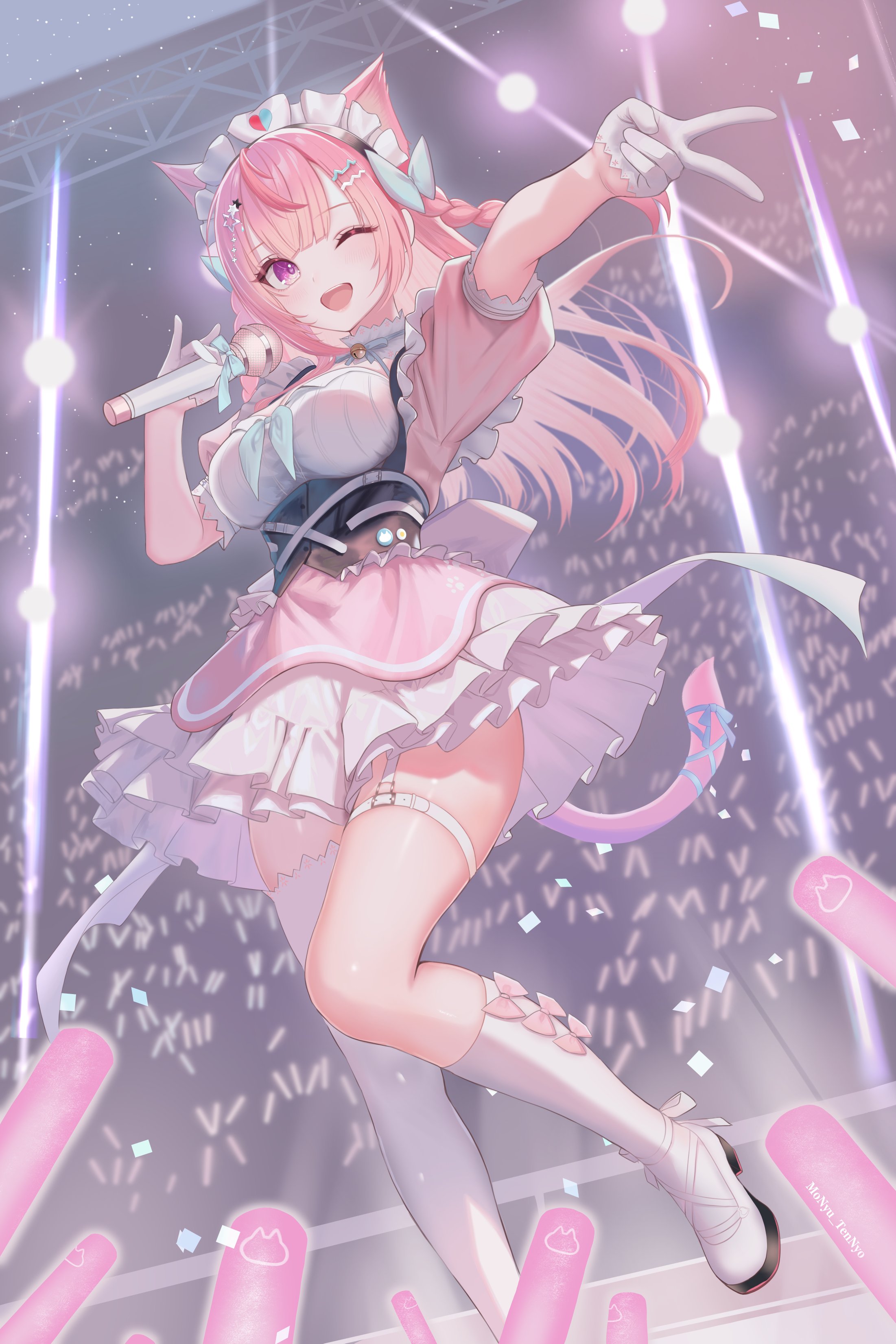 monyu tennyo, yuuki sakuna, indie virtual youtuber, absurdres, highres, 1girl, animal ears, asymmetrical legwear, bow, bow legwear, braid, cat ears, cat girl, cat tail, dress, gloves, hair ornament, half gloves, holding, holding microphone, kneehighs, long hair, looking at viewer, maid headdress, microphone, one eye closed, open mouth, pink bow, pink eyes, pink hair, shoes, short sleeves, socks, solo, standing, tail, thigh strap, thighhighs, uneven legwear, upper body, v, virtual youtuber, white gloves, white shoes, white socks, white thighhighs