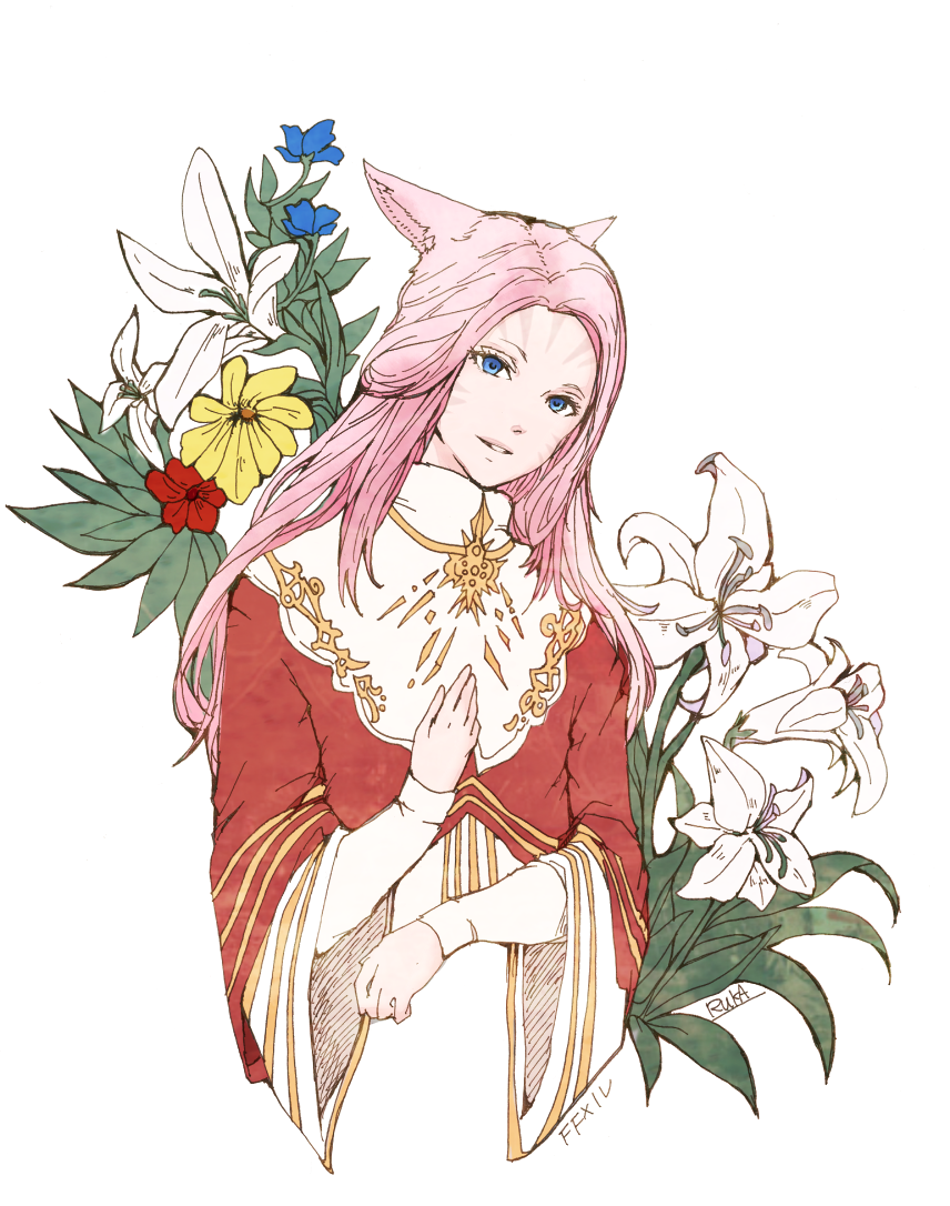 ruka (blueplus84), final fantasy, final fantasy xiv, 1girl, amh garanjy, animal ears, artist name, blue eyes, blue flower, cat ears, cat girl, copyright name, facial mark, flower, hand on own chest, lily (flower), long hair, miqo'te, pink hair, red flower, simple background, smile, solo, whisker markings, white background, white flower, yellow flower