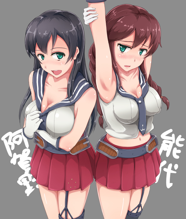 oumi (rsag), agano (kancolle), noshiro (kancolle), kantai collection, commentary request, 2girls, armpits, black hair, black sailor collar, black thighhighs, blush, braid, breasts, brown hair, character name, gloves, green eyes, large breasts, long hair, looking at viewer, multiple girls, necktie, open mouth, pleated skirt, red skirt, sailor collar, school uniform, serafuku, shirt, simple background, single thighhigh, skirt, sleeveless, smile, solo, thighhighs, white gloves, white shirt