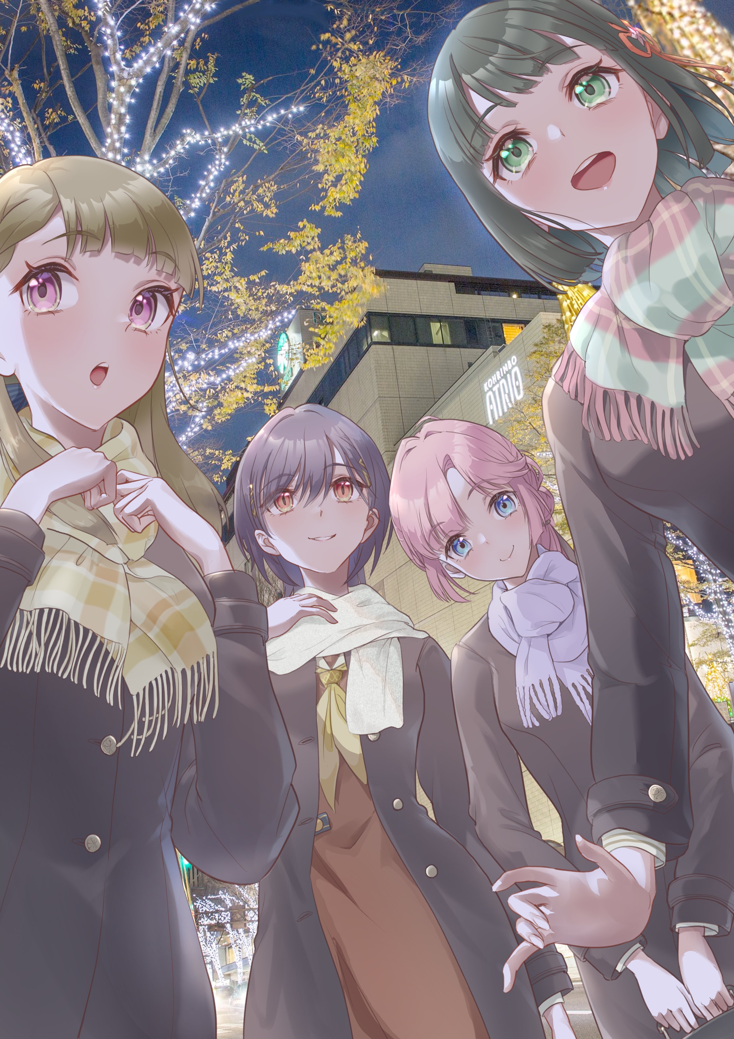 kobassy, anyoji hime, kachimachi kosuzu, katsuragi izumi, momose ginko, link! like! love live!, love live!, absurdres, commentary request, highres, 4girls, black coat, black ribbon, blue eyes, blunt bangs, blunt ends, bob cut, breasts, briefcase, brown dress, brown hair, coat, cowboy shot, dress, green eyes, green hair, green scarf, hair ornament, hair ribbon, hasu no shousankaku, hasu no sora school uniform, holding, holding briefcase, ishikawa prefecture, jellyfish cut, kanazawa (city), long hair, long sleeves, medium breasts, multi-tied hair, multiple girls, neckerchief, night, open clothes, open coat, orange eyes, outdoors, photo background, pink eyes, pink hair, plaid clothes, plaid scarf, ponytail, purple scarf, red scarf, ribbon, sailor collar, sailor dress, scarf, school briefcase, school uniform, short hair, slit pupils, striped clothes, striped scarf, triangle hair ornament, two-tone scarf, virtual youtuber, white sailor collar, white scarf, winter uniform, yellow neckerchief, yellow scarf