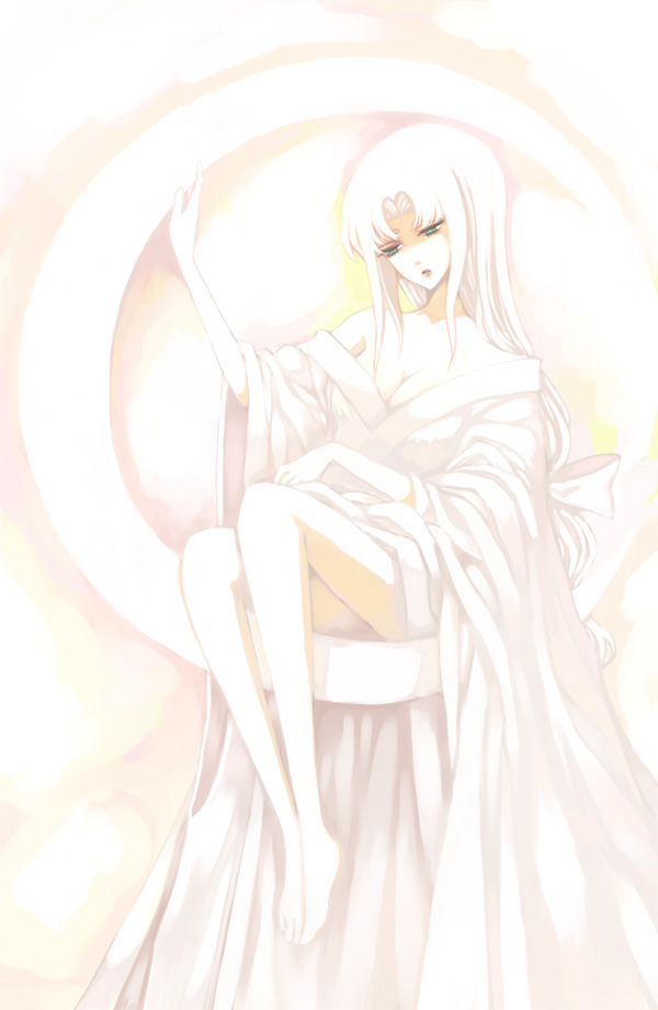 rinka, yagokoro eirin, touhou, 1girl, breasts, cleavage, crescent, female focus, green eyes, monochrome, moon, pale color, solo, spot color, white background, white theme