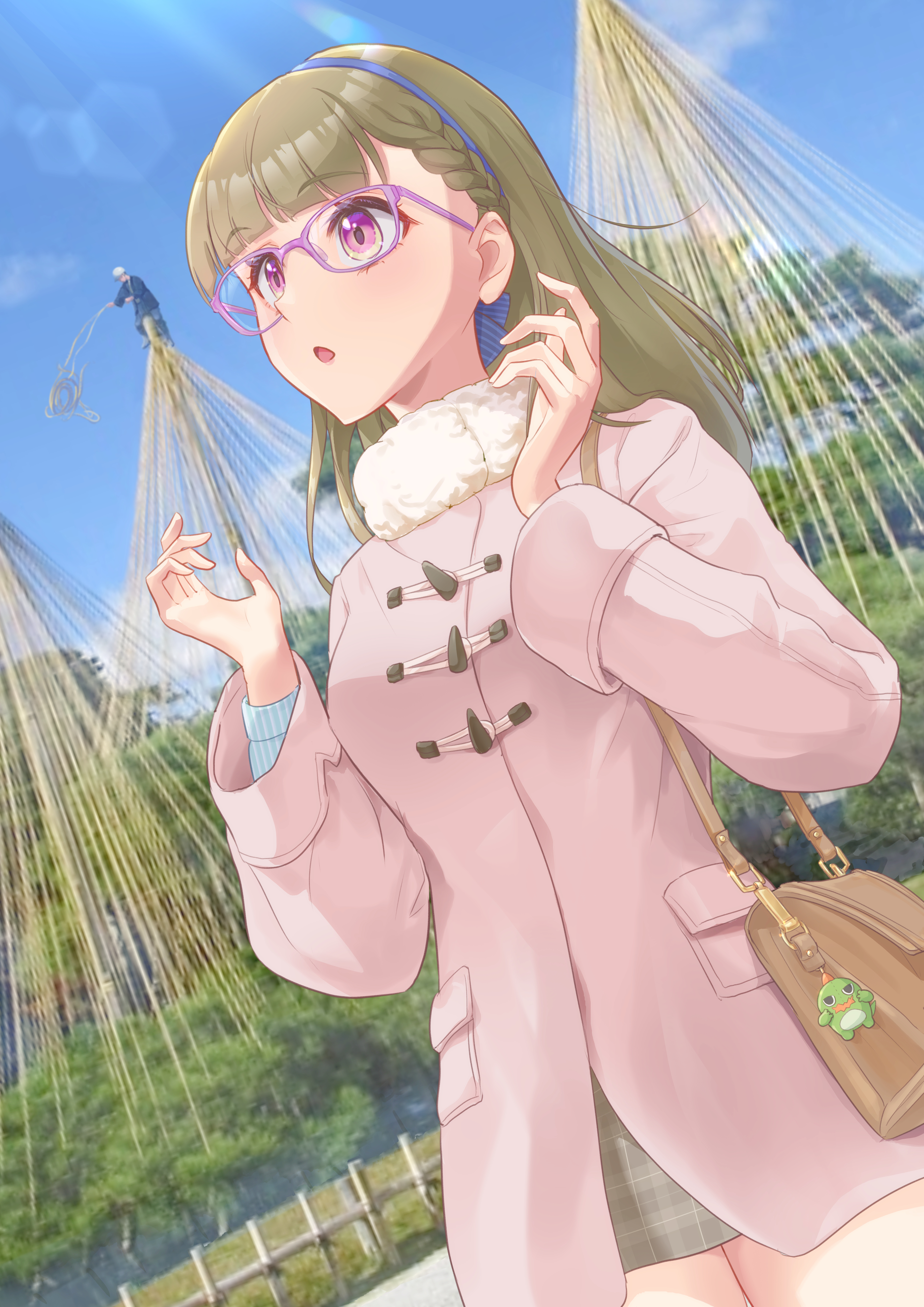 kobassy, gonzales (love live!), kachimachi kosuzu, kachimachi kosuzu (winter casual), link! like! love live!, love live!, absurdres, commentary request, highres, 1girl, animal charm, bag, blush, braid, breasts, brown bag, brown hair, center-flap bangs, charm (object), coat, fur-trimmed coat, fur trim, grey skirt, kenroku-en, long hair, long sleeves, looking ahead, medium breasts, official alternate costume, open mouth, photo background, pink coat, pink eyes, plaid clothes, plaid skirt, purple-framed eyewear, shoulder bag, side braids, skirt, solo, virtual youtuber, winter clothes, winter coat